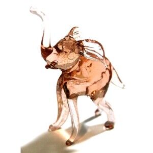 Vintage Hand Blown Amber Charging Elephant Glass Crystal Trunk Up Mini Figurine